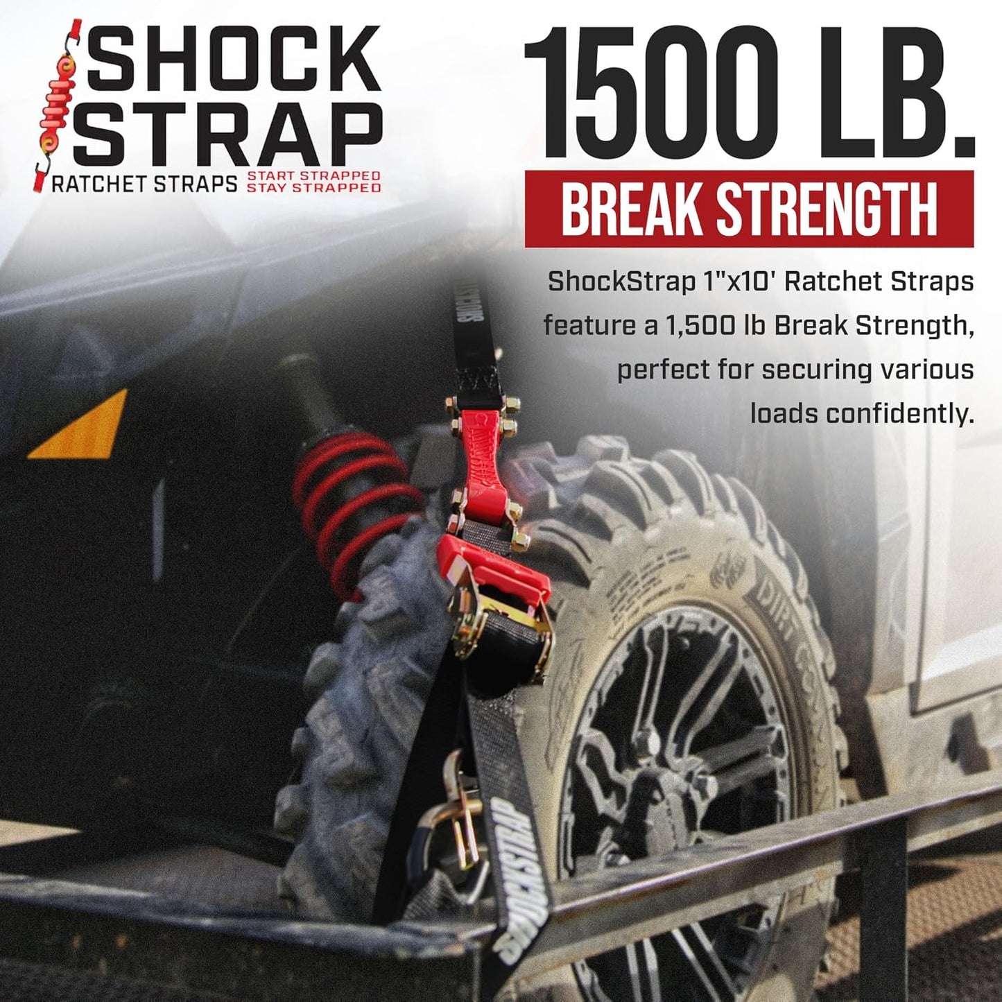 SHOCKSTRAP 10 ft x 1 in Ratchet Strap with Clip Hooks | Constant Tension | 1,500 lb Break Strength | 500 lb Working Load Limit