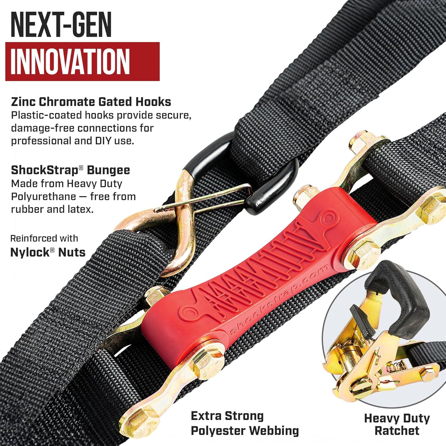 SHOCKSTRAP 15 ft x 1.5 in Ratchet Strap with Clip Hooks | Constant Tension | 3,000 lb Break Strength | 1,000 lb Working Load Limit