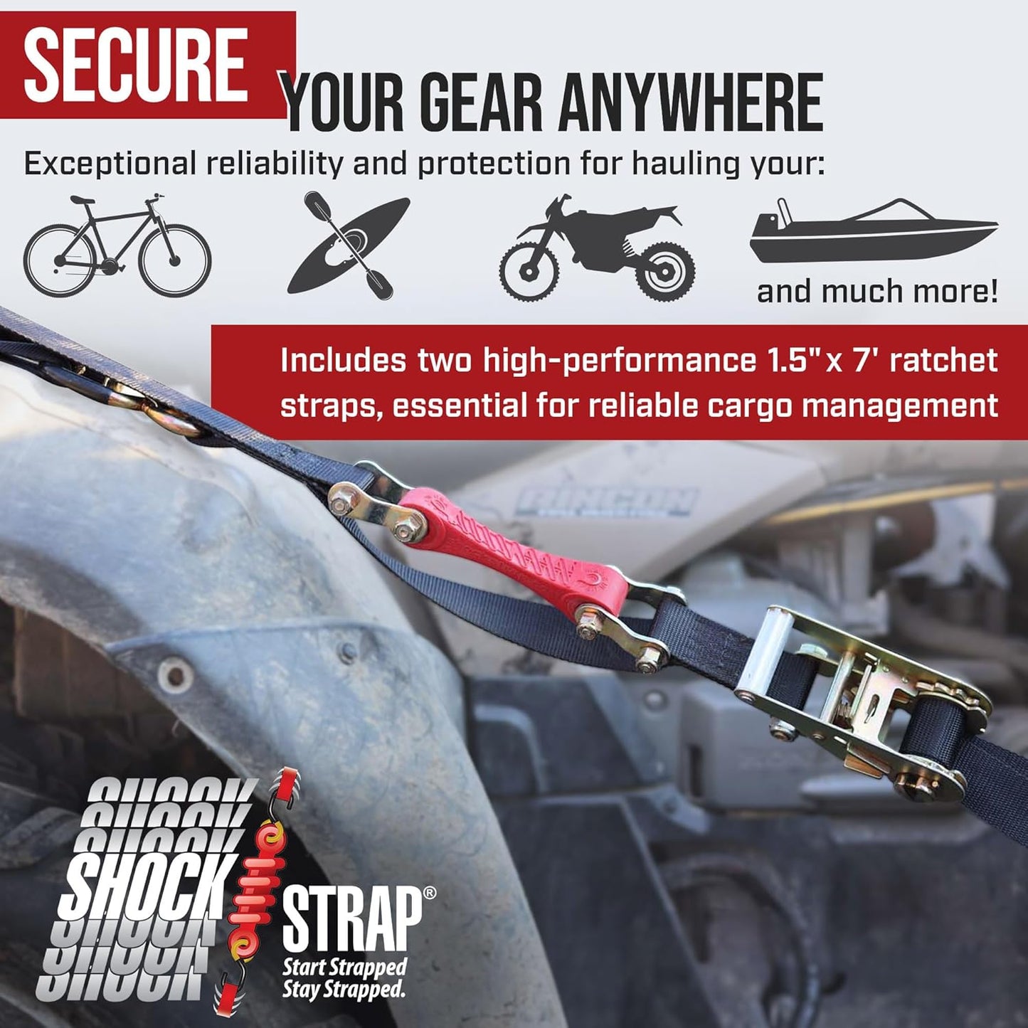 SHOCKSTRAP 7 ft x 1.5 in Ratchet Strap with Clip Hooks | Constant Tension | 3,000 lb Break Strength | 1,000 lb Working Load Limit