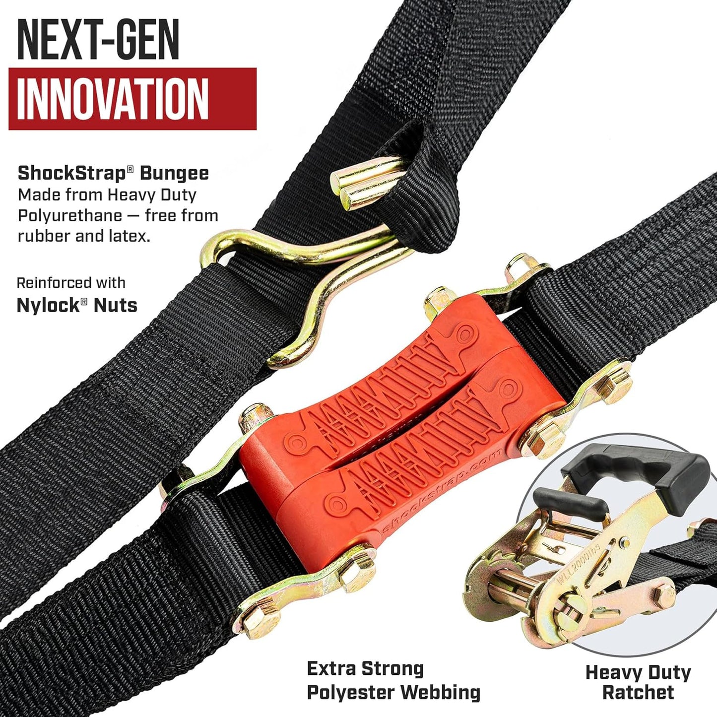 SHOCKSTRAP 9 ft x 2 in Ratchet Strap with Double Wire J Hooks | Constant Tension | 6,000 lb Break Strength | 2,000 lb Working Load Limit