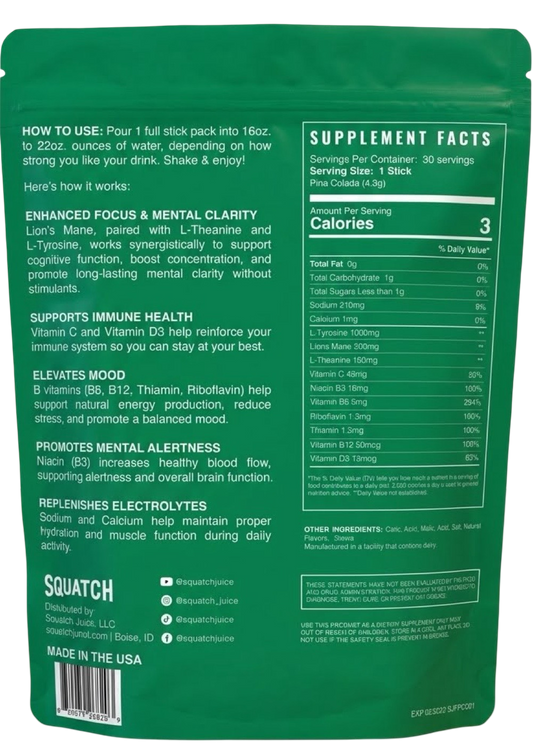 Squatch Juice Enhanced Focus - Pina Colada - 30 Sticks