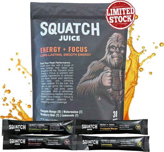 Squatch Juice Energy + Focus - Pre-order Only - 30 Sticks - Pineapple/Mango, Watermelon, Lemonade, Strawberry/Kiwi